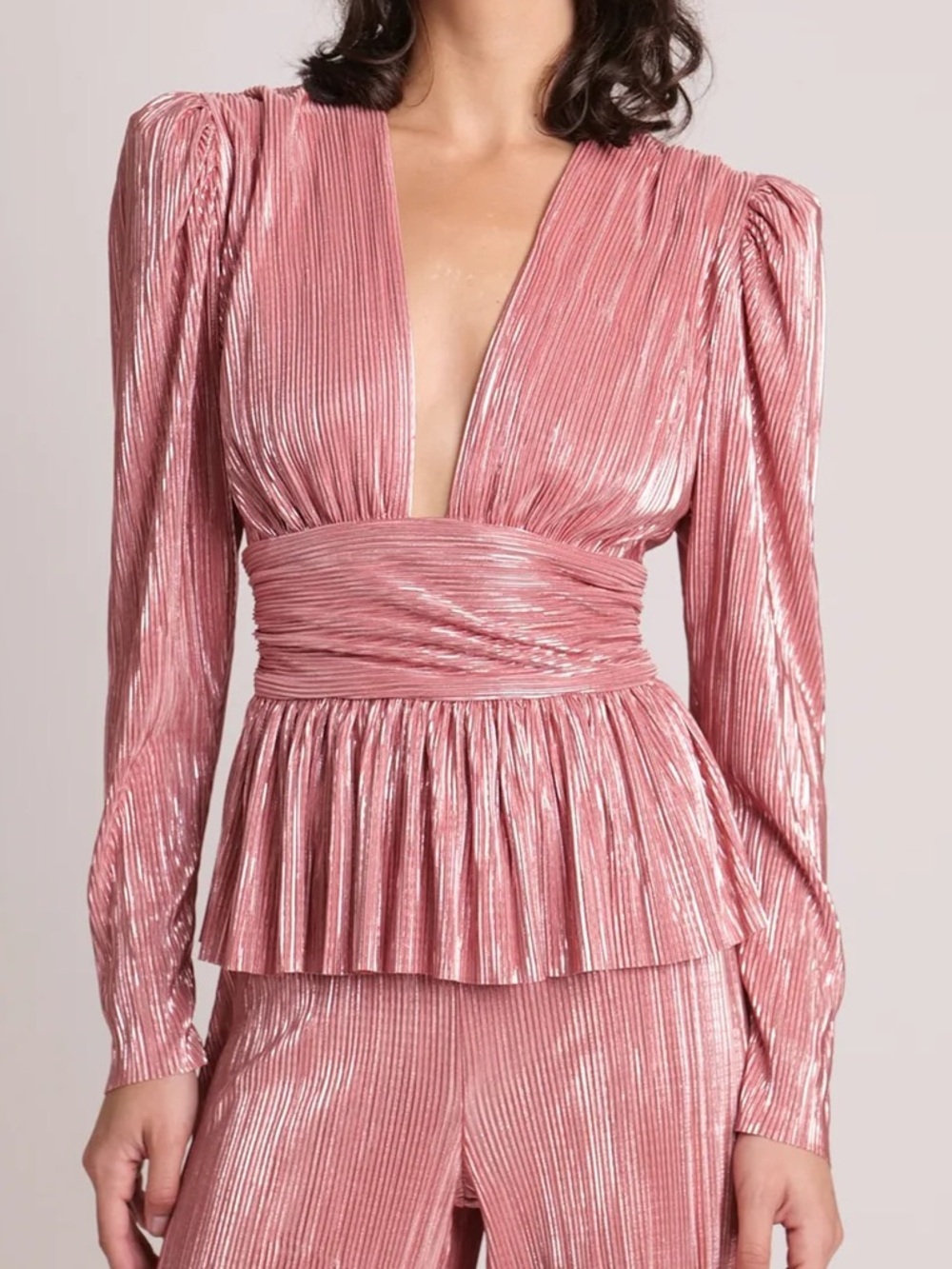 NWT Sabina Musayev United Top Pleated Deep V Blouse - Shimmer Pink Antique Rose